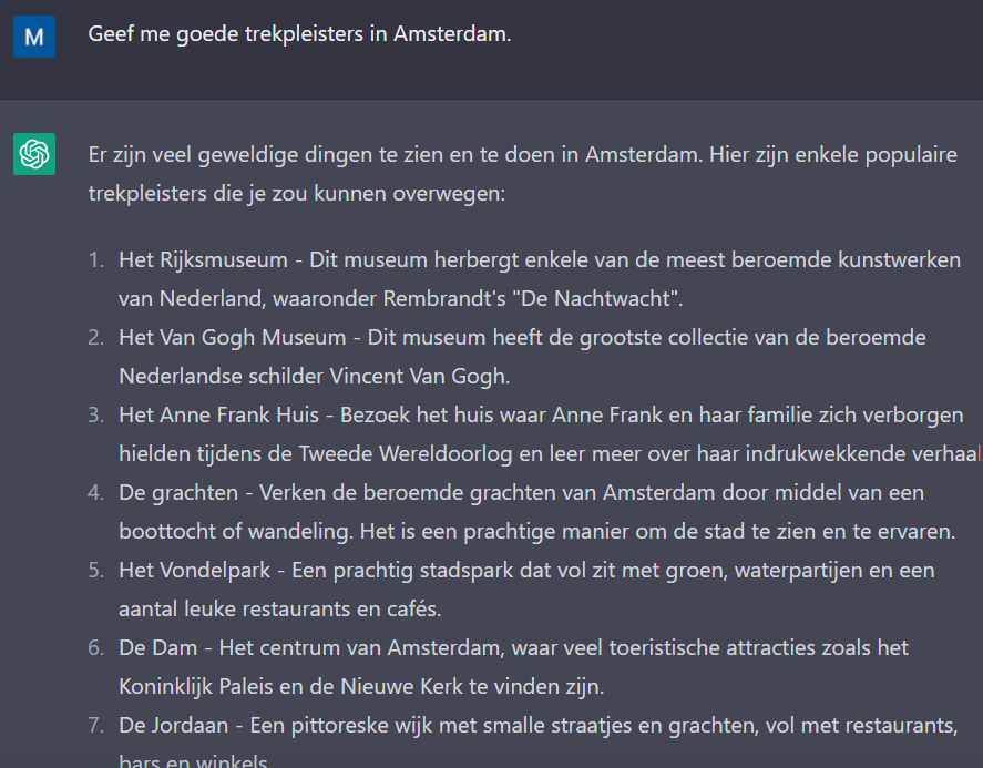 de tekstgenerator chatgpt geeft een antwoord op de simpele vraag om trekpleisters in amsterdam. het resultaat is een lijst met trekpleisters in amsterdam.