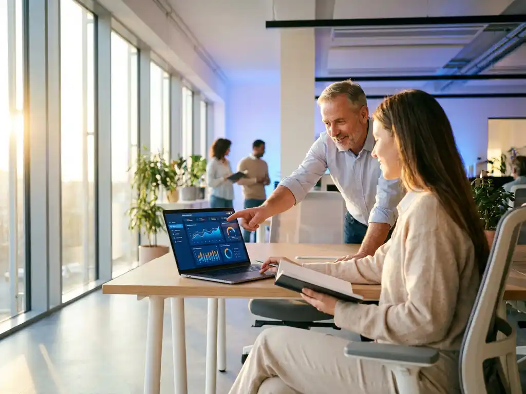 jonge stagiair maakt aantekeningen bij laptop met analytics dashboard terwijl senior collega wijst en begeleidt in modern kantoor.