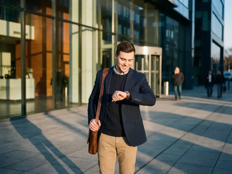 jonge professional in smart-casual kleding die horloge checkt bij glazen kantoorgebouw in vroeg ochtendlicht.