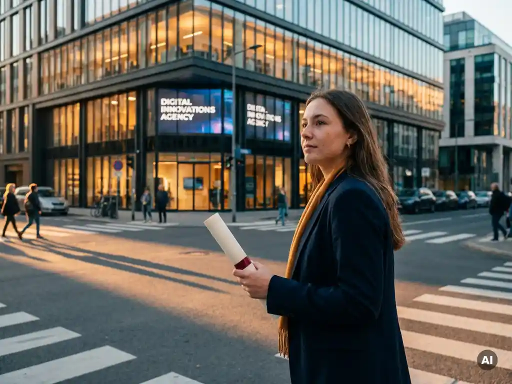 jonge professional op een kruispunt in de stad met diploma in hand, blikgericht op een digitaal marketingbureau in gouden avondlicht.