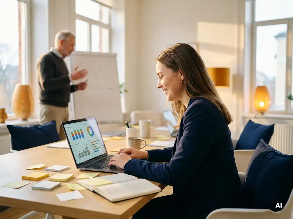 jonge professional analyseert dashboards op laptop aan modern bureau met sticky notes, mentor zichtbaar op achtergrond, warm goudkleurig licht.