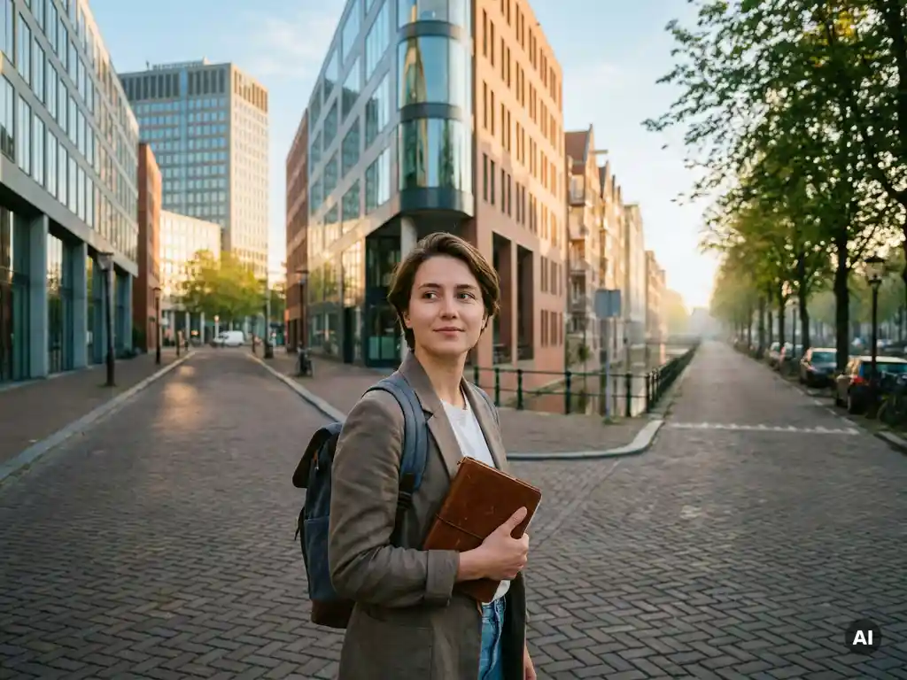 jonge professional op een kruispunt in amsterdam bij gouden uur, met leren notitieboek, blik op glazen kantoorgebouw en open horizon.