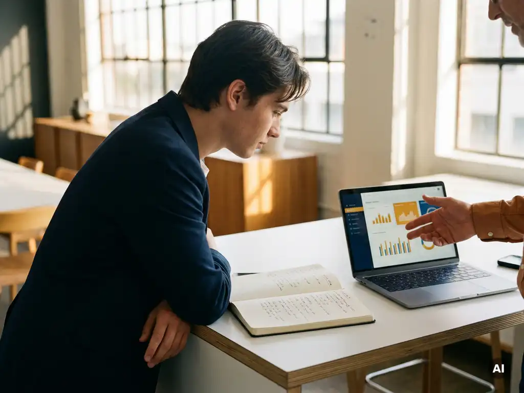 jonge professional aan modern bureau maakt aantekeningen terwijl senior collega wijst naar analytics dashboard op laptop, warm kantoorlicht.